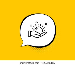 Sunny weather forecast line icon. Comic speech bubble. Hold summer sun sign. Yellow background with chat bubble. Sunny weather icon. Colorful banner. Vector
