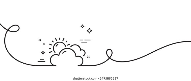 Sunny weather forecast line icon. Continuous one line with curl. Clouds with sun sign. Cloudy sky symbol. Sunny weather single outline ribbon. Loop curve pattern. Vector