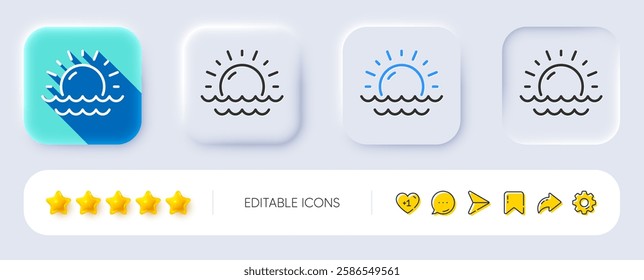 Sunny weather forecast line icon. Neumorphic, Flat shadow, 3d buttons. Summer sun sign. Sunset with waves. Line sunset icon. Social media icons. Vector