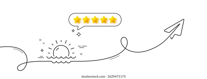 Sunny weather forecast line icon. Continuous line with share plane. Summer sun sign. Sunset with waves. Five star rate review in speech bubble. Sunset single line ribbon. Loop curve pattern. Vector
