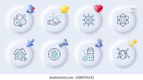 Sunny weather, Home charging and Framework line icons. Buttons with 3d bell, chat speech, cursor. Pack of Folate vitamin, Atom core, Fingerprint icon. Vector