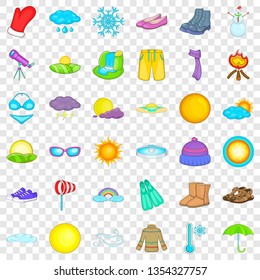 Sunny weather icons set. Cartoon style of 36 sunny weather vector icons for web for any design