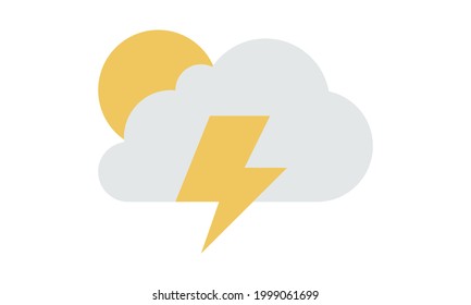 Sunny weather sign icon on white background. Yellow sun and cloud and lightning illustration
