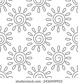 Sonniges Wetter. Sommer nahtlose Muster. Warmer heller Hintergrund. Sonnenstrahlen und Wolken. Handgezeichnete Vektor-Illustration. Tapeten-Print-Ornament-Stoff-Papier-Mode-Linie Doodle Färbung