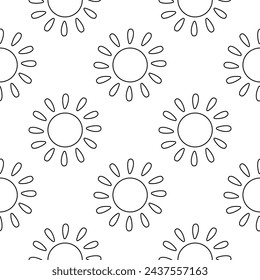 Sunny weather. Summer seamless pattern. Warm bright background. Sun rays and clouds. Hand drawn vector illustration. wallpaper print ornament fabric paper fashion line doodle coloring