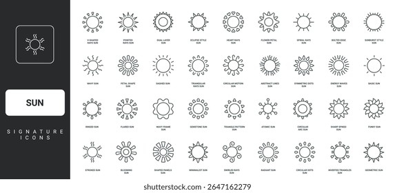 Sunny weather in summer and spring, winter and autumn thin black symbols vector illustration. Sun assortment of different rays types and round frame, sunlight decoration line icon set.