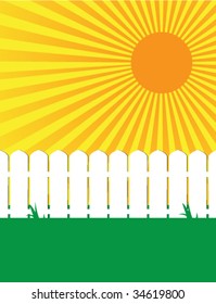 Sunny white fence and grass scene 2 - vector