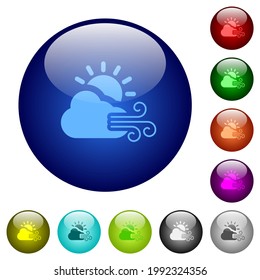 Sunny and windy weather icons on round glass buttons in multiple colors. Arranged layer structure