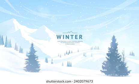 Sunny winter day. Mountains and hills are covered with snow, fir trees stand in snowdrifts, clear blue sky. Frosty freshness. Active recreation in winter, adventure tourism. Vector illustration.