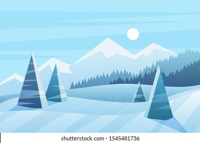 Sunny winter day vector illustration. Scenic view with spruces and mountains. Nature in wintertime. Snowy forest. Frozen weather. Seasonal background. Picturesque outdoor scene with snow