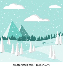 Sunny winter day vector landscape with snowy mountains, pine trees and walking deer. Landscape with falling snow