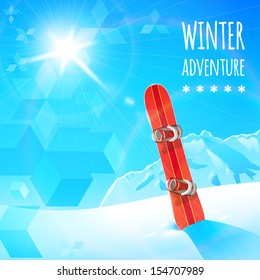 Sunny winter landscape with snowboard, vector illustration, eps10.