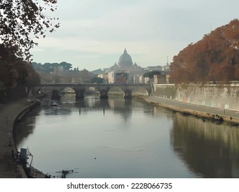 Sunny winter view of Tiber in Rome near the Ponte Sant'Angelo. Vector image.