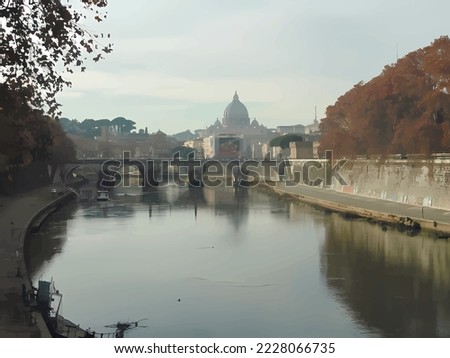 Sunny winter view of Tiber in Rome near the Ponte Sant'Angelo. Vector image.