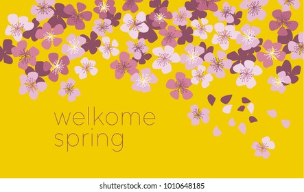 Sunny yellow color decorative cherry blossom. Spring floral vector illustration for card, invitation, header. japan sakura branch with blooming flowers.