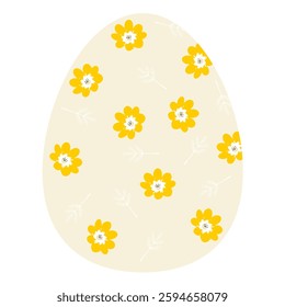 Sunny yellow Easter egg with cheerful white leaves and flowers, spring-summer concept