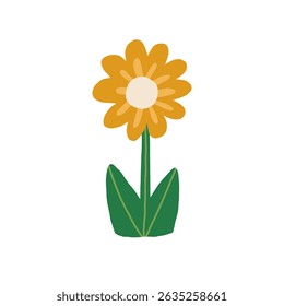 sunny yellow flower with green stem and wide petals in flat vector art, fun decorative element for spring-themed children’s illustrations