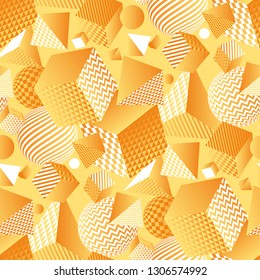 Sunny yellow geometric seamless pattern with the chaos of geometric forms and shapes. Abstract geom repeatable motif for fabric, paper, background, print and web projects. Scalable vector illustration
