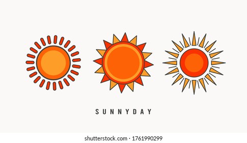 Sunnyday. Abstract Outline Suns. Minimalistic bright Icons. Different interpretation of Sun rays. Colored Vector set. Astrology esoteric mystic concept. Tattoo, print idea. Every Sun is isolated