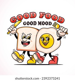 Sunny-side up bread and eggs will be breakfast, retro mascot character. Suitable for logos, mascots, t-shirts, stickers and posters