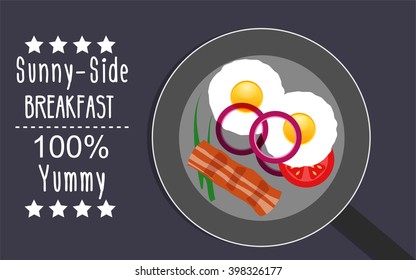 Sunny-side breakfast with bacon, onion and tomato top view