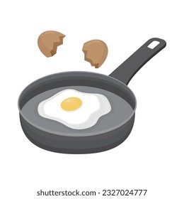 Sunny-side-up egg on pan and eggshell vector illustration. Fried egg breakfast. Egg yolk and albumen. Cartoon style.