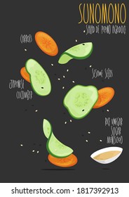 Sunomono. Japanese Cucumber Salad with sesame seeds. Vector illustration
