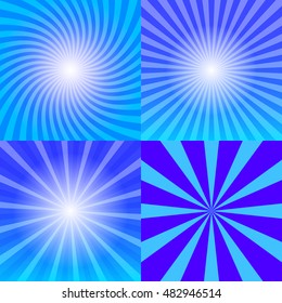 Sunray background set, four variants of blue sun rays, 2d vector illustration, eps 10