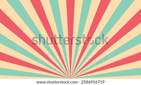 Sunray circus-inspired retro background with a radial vintage burst. Sunburst pattern featuring striped beams and starburst lines. Old poster-style vector illustration.