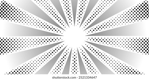Sunrays halftone in black and white. Cartoon cute retro Strip pattern. Vector halftone illustration. Vintage background for comic effect.