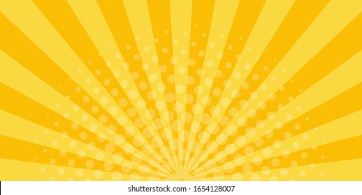 Sunrays on orange background with halftone effects. Radial retro lines. Sunny wallpaper of summer and autumn. Shiny pattern dawn or sunset. Cartoon sunbeam design. Sunburst gradient. 60s, 70s Vector.