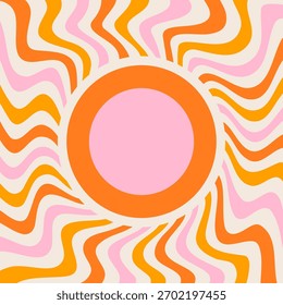 Sunrays retro background. Vintage sun vector summer 70s poster. Abstract swirl groovy design with grunge texture. Paper banner with psychedelic orange and pink spiral beams on pastel backdrop
