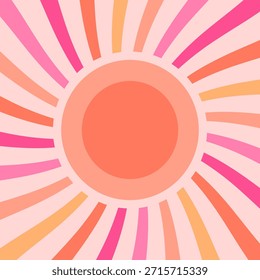 Raios solares fundo retro. Vintage sol vetor verão 70s cartaz. Design abstrato de espiral groovy com textura grunge. Banner de papel com vigas espiral laranja psicodélica e rosa no fundo pastel