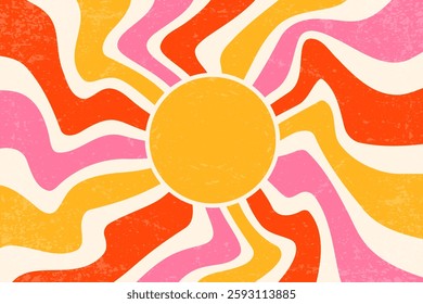 Sunrays retro background. Vintage vector summer 70s poster. Abstract swirl groovy design with grunge texture. Old paper banner with psychedelic orange and pink spiral beams on pastel backdrop.