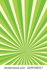 Sunrays, sunburst abstract green wide background. Color burst backdrop. Sunny day. Radial rays for your design.