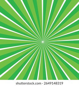 Sunrays, sunburst abstract green wide background. Color burst backdrop. Sunny day. Radial rays for your design.