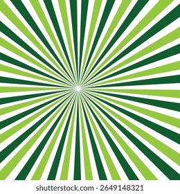 Sunrays, sunburst abstract green wide background. Color burst backdrop. Sunny day. Radial rays for your design.
