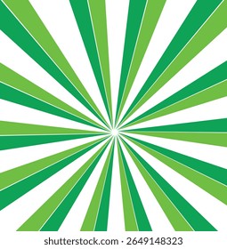 Sunrays, sunburst abstract green wide background. Color burst backdrop. Sunny day. Radial rays for your design.