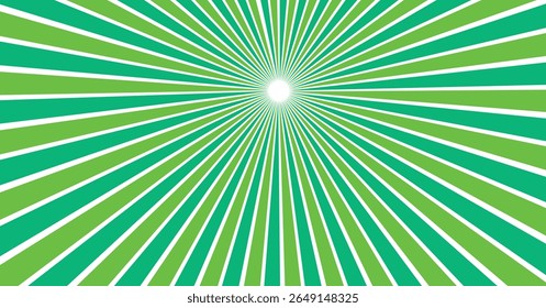 Sunrays, sunburst abstract green wide background. Color burst backdrop. Sunny day. Radial rays for your design.