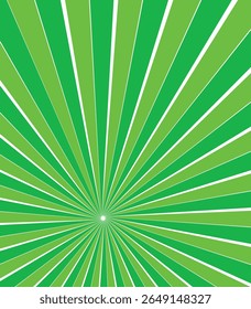 Sunrays, sunburst abstract green wide background. Color burst backdrop. Sunny day. Radial rays for your design.