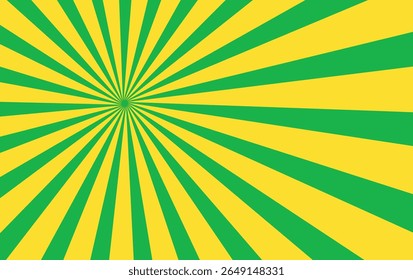 Sunrays, sunburst abstract green wide background. Color burst backdrop. Sunny day. Radial rays for your design.