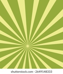 Sunrays, sunburst abstract green wide background. Color burst backdrop. Sunny day. Radial rays for your design.