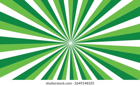 Sunrays, sunburst abstract green wide background. Color burst backdrop. Sunny day. Radial rays for your design.