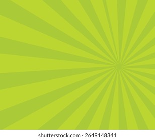 Sunrays, sunburst abstract green wide background. Color burst backdrop. Sunny day. Radial rays for your design.
