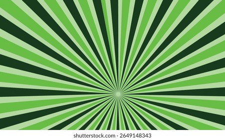 Sunrays, sunburst abstract green wide background. Color burst backdrop. Sunny day. Radial rays for your design.