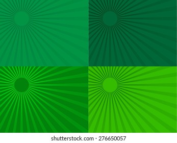 Sunrays, sunburst abstract green wide background. Color burst backdrop. Vector illustration sun beam ray sunburst pattern background. Sunny day. Radial rays for your design. 