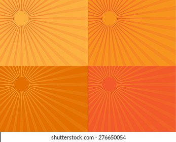 Sunrays, sunburst abstract orange wide background. Color burst backdrop. Vector illustration sun beam ray sunburst pattern background. Sunny day. Radial rays for your design. 