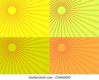 Sunrays, sunburst abstract yellow wide background. Color burst backdrop. Vector illustration sun beam ray sunburst pattern background. Sunny day. Radial rays for your design. 