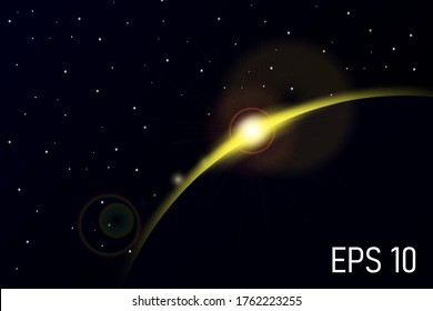 Sunrice in space. Planet silhouette with star glares. EPS10 vector background.