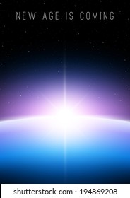 Sunrise above blue planet in universe